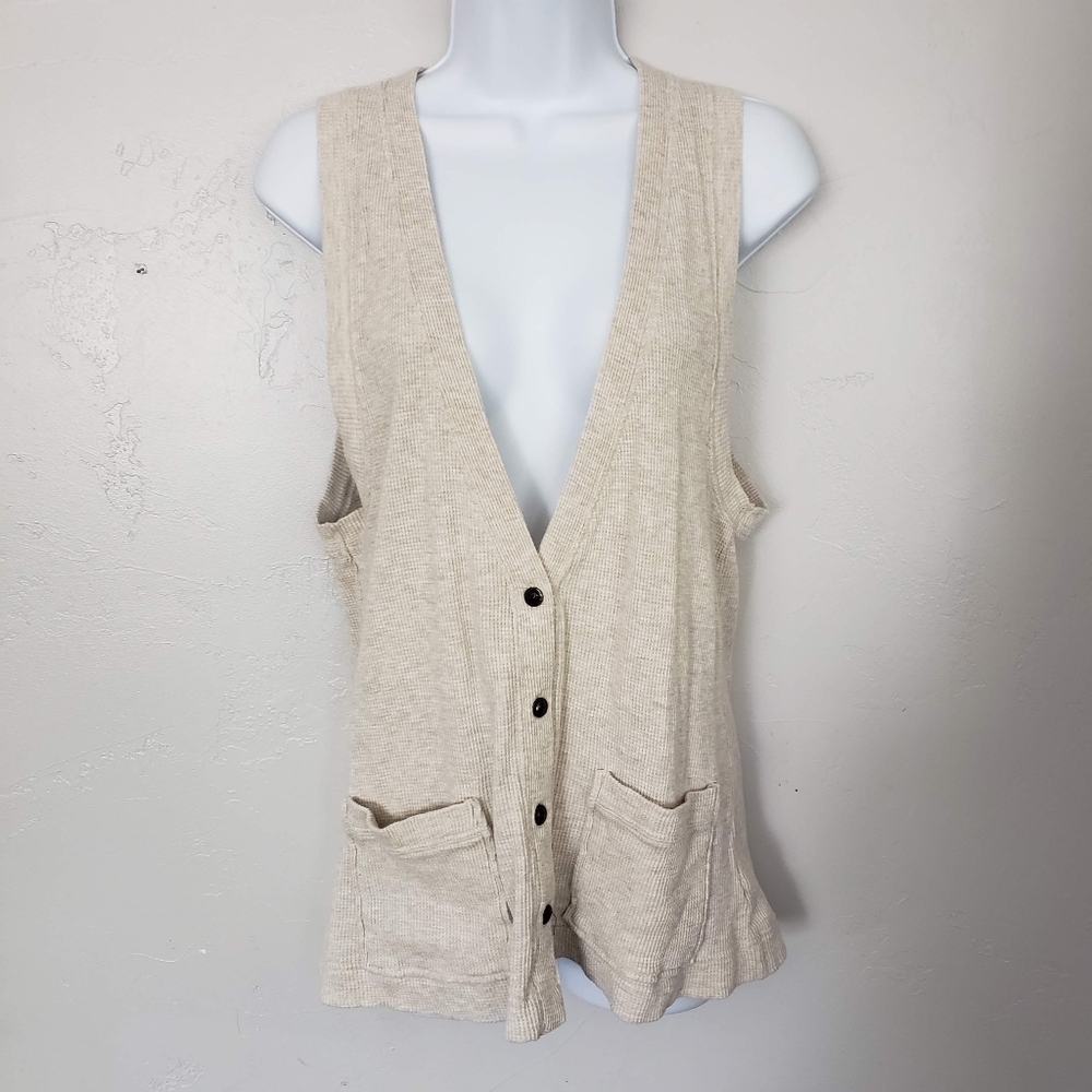I ❤️ Ronson Medium Beige Waffle Knit Sleeveless Vest Cardigan Button Up V-neck